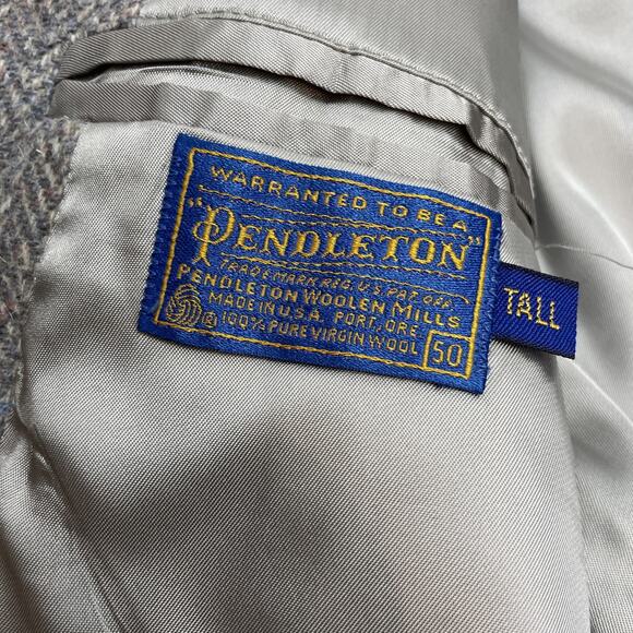 Vtg Pendleton Western Blazer Mens 50 Tall Gray Wool Tweed Suede Elbow Patches - Picture 4 of 16